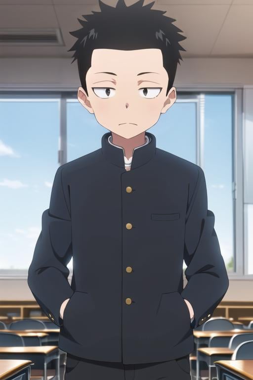 <lora:chi's_seatmate:0.7> chi's_seatmate, 1boy, solo, black eyes, dot pupils, black hair, short hair, gakuran, black jacket, hands in pockets, indoors, classroom, black pants, looking at viewer, bookshelf, sunlight, 