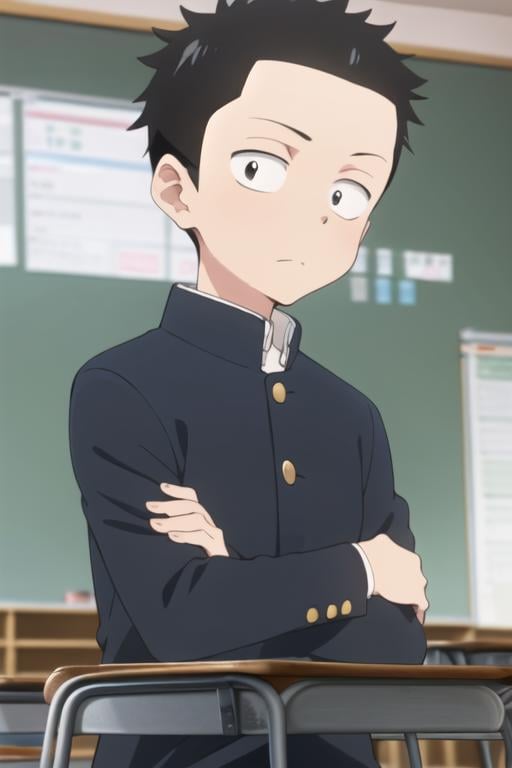 <lora:chi's_seatmate:0.7> chi's_seatmate, 1boy, solo, black eyes, dot pupils, black hair, short hair, gakuran, black jacket, crossed arms, indoors, classroom, upper body, looking at viewer, chalkboard, sunlight, 