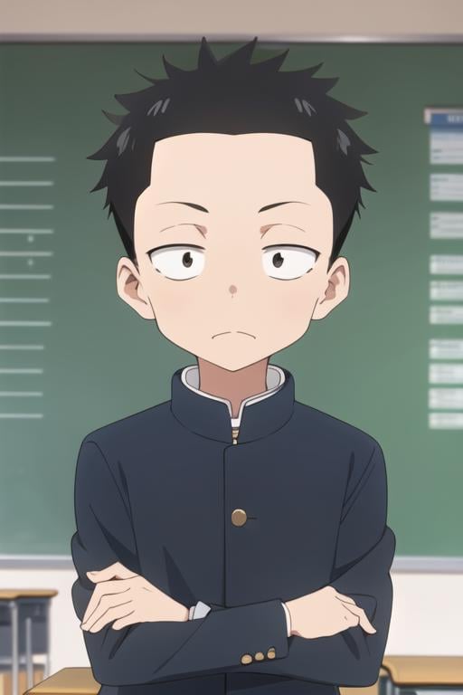 <lora:chi's_seatmate:0.7> chi's_seatmate, 1boy, solo, black eyes, dot pupils, black hair, short hair, gakuran, black jacket, crossed arms, indoors, classroom, upper body, looking at viewer, chalkboard, sunlight, 