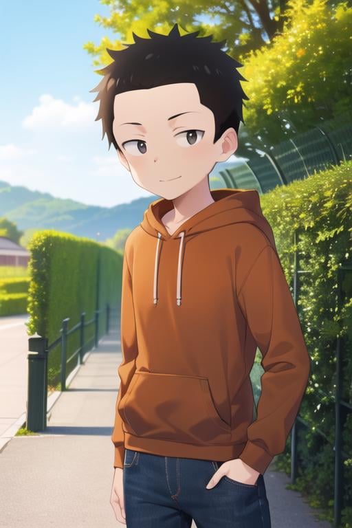 <lora:chi's_seatmate:0.7> chi's_seatmate, 1boy, solo, black eyes, dot pupils, black hair, short hair, orange shirt, jeans, outdoors, looking at viewer, sunlight, light smile, black hoodie, open clothes, hood down, 