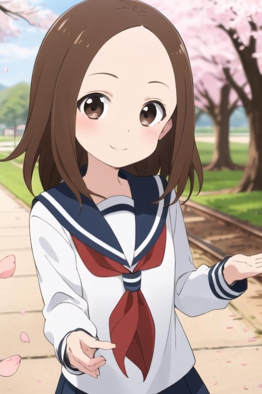 <lora:chii:0.7> chii, 1girl, solo, brown hair, parted bangs, forehead, brown eyes, blush, smile, serafuku, sailor collar, red neckerchief, blue skirt, looking at viewer, long sleeves, sunlight, outdoors, tree, cherry blossoms, petals, turning head, 