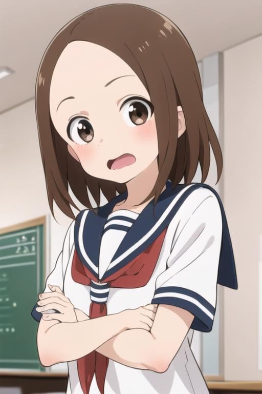 <lora:chii:0.7> chii, 1girl, solo, brown hair, parted bangs, forehead, brown eyes, blush, surprised, open mouth, serafuku, sailor collar, red neckerchief, upper body, crossed arms, looking at viewer, short sleeves, sunlight, indoors, classroom, 