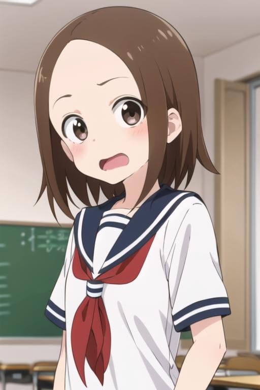 <lora:chii:0.7> chii, 1girl, solo, brown hair, parted bangs, forehead, brown eyes, blush, surprised, open mouth, serafuku, sailor collar, red neckerchief, upper body, looking at viewer, short sleeves, sunlight, indoors, classroom, 