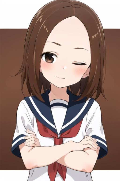 <lora:chii:0.7> chii, 1girl, solo, brown hair, medium hair, parted bangs, forehead, brown eyes, blush, one eye closed, serafuku, sailor collar, red neckerchief, upper body, crossed arms, looking at viewer, short sleeves, 