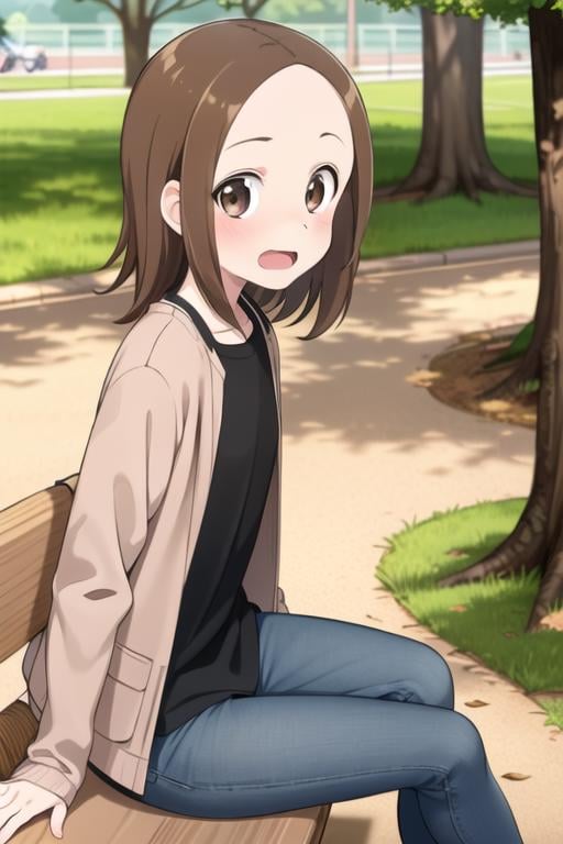 <lora:chii:0.7> chii, 1girl, solo, brown hair, parted bangs, forehead, brown eyes, blush, surprised, open mouth, black shirt, jeans, looking at viewer, short sleeves, sunlight, outdoors, jacket, open clothes, sitting, from side, park, tree, park bench, 