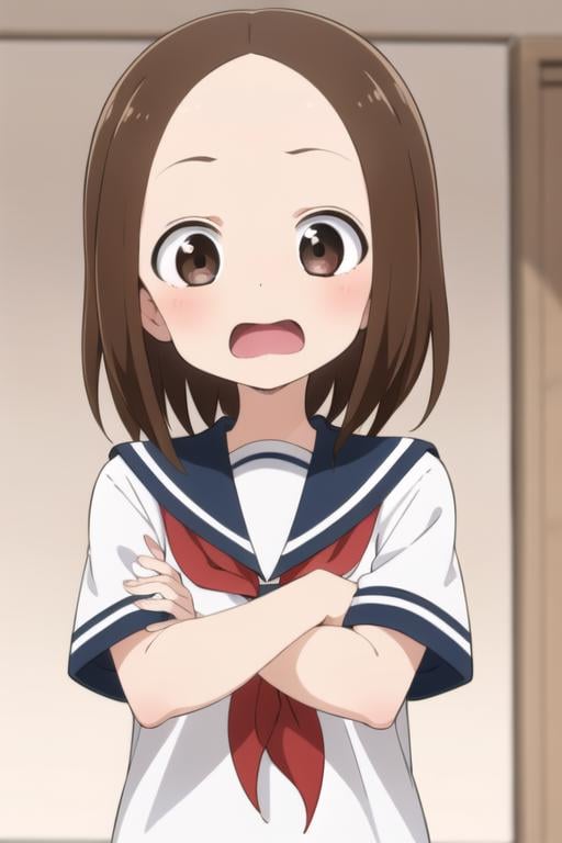 <lora:chii:0.7> chii, 1girl, solo, brown hair, parted bangs, forehead, brown eyes, blush, surprised, open mouth, serafuku, sailor collar, red neckerchief, upper body, crossed arms, looking at viewer, short sleeves, sunlight, 