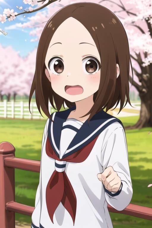 <lora:chii:0.7> chii, 1girl, solo, brown hair, parted bangs, forehead, brown eyes, blush, surprised, open mouth, serafuku, sailor collar, red neckerchief, blue skirt, looking at viewer, long sleeves, sunlight, outdoors, tree, cherry blossoms, petals