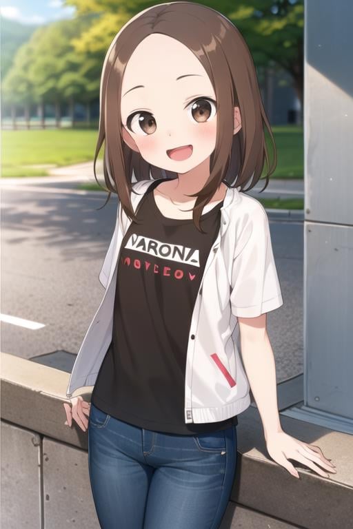 <lora:chii:0.7> chii, 1girl, solo, brown hair, parted bangs, forehead, brown eyes, blush, smile, open mouth, black shirt, jeans, looking at viewer, short sleeves, sunlight, outdoors, jacket, open clothes, 