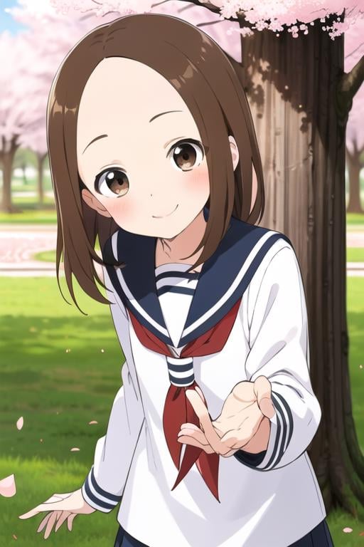 <lora:chii:0.7> chii, 1girl, solo, brown hair, parted bangs, forehead, brown eyes, blush, smile, serafuku, sailor collar, red neckerchief, blue skirt, looking at viewer, long sleeves, sunlight, outdoors, tree, cherry blossoms, petals, turning head, 