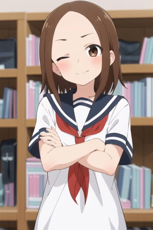 <lora:chii:0.7> chii, 1girl, solo, brown hair, medium hair, parted bangs, forehead, brown eyes, blush, one eye closed, serafuku, sailor collar, red neckerchief, upper body, crossed arms, looking at viewer, short sleeves, 