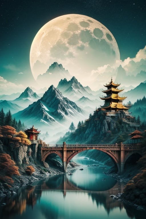 gfsqm, tree, no humans, scenery, mountain,BJ_Ancient_city,outdoors,sky,water,tree,no_humans,night,moon,building,scenery,full_moon,reflection,lantern,stairs,mountain,architecture,bridge,east_asian_architecture,pagoda,cinematic lighting,strong contrast,high level of detail,Best quality,masterpiece,