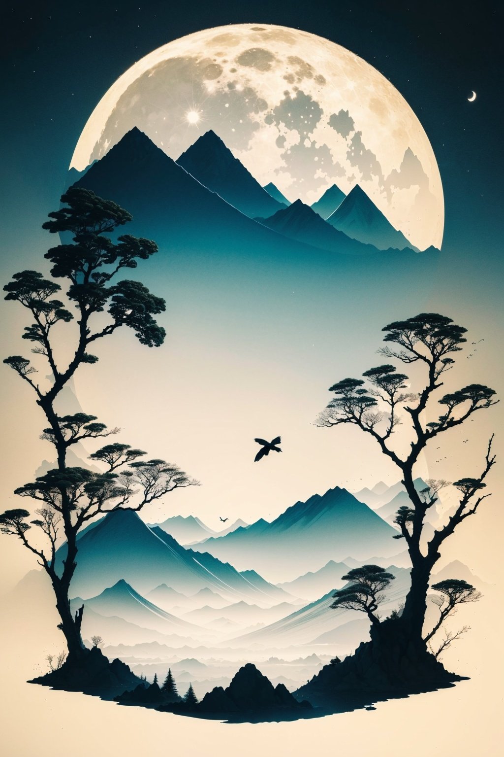 gfsqm, tree, no humans, scenery, mountain,silhouette,branch, tree, bird, moon, sky, no humans, rabbit, rabbit ears, star \(sky\), full moon, sun, solo