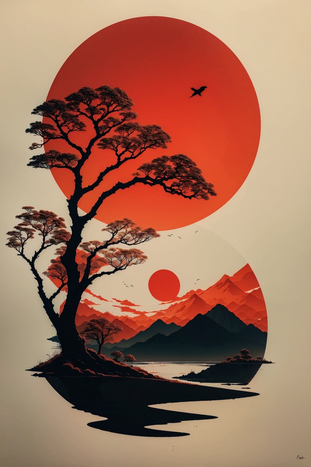 gfsqm, tree, no humans, scenery, mountain,silhouette,branch, tree, bird, no humans, rabbit, rabbit ears, star, (full moon), solo,red theme