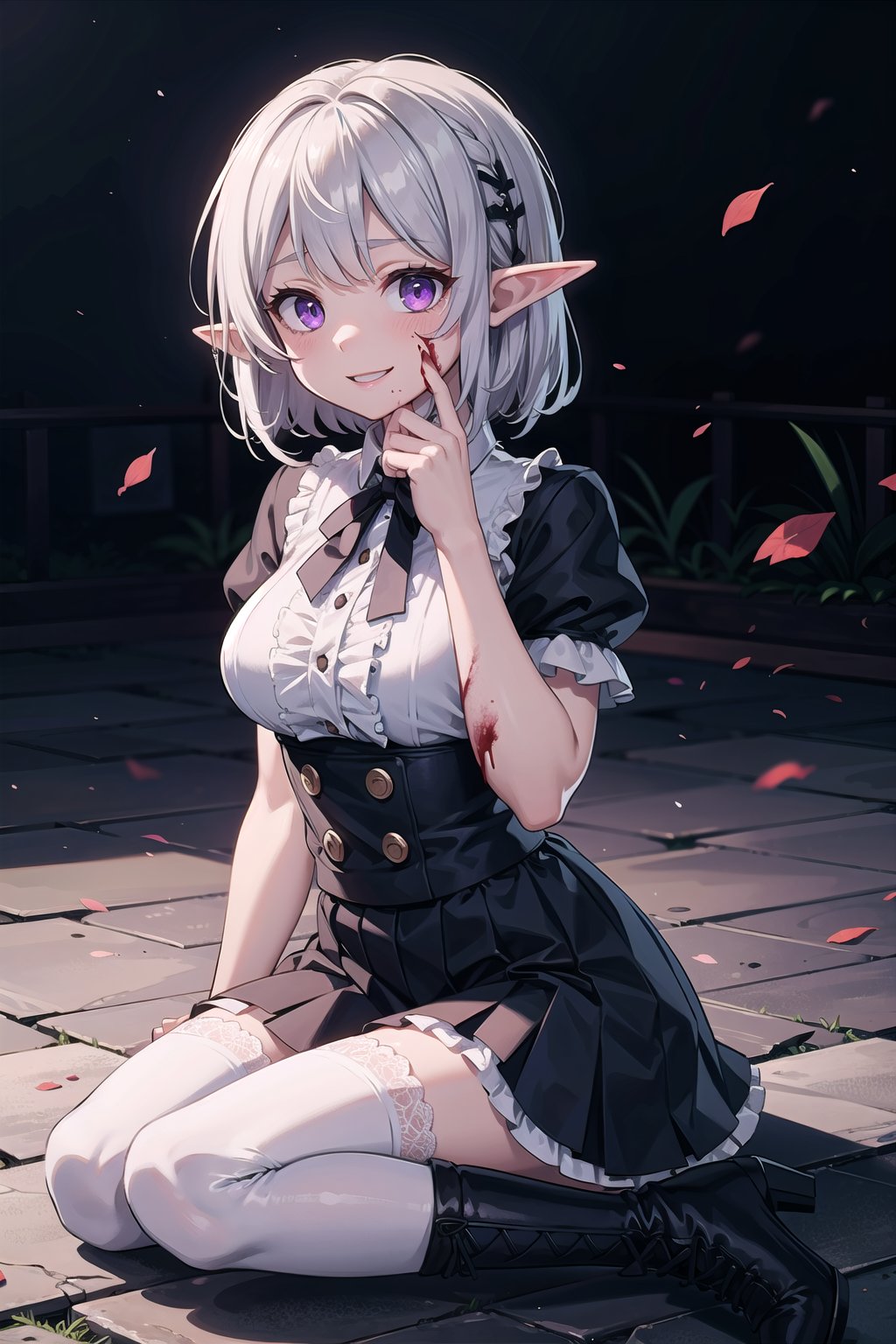 (masterpiece), best quality, high resolution, extremely detailed, detailed background, cinematic lighting, outdoor, 1girl, elf, medium hair, silver hair, crossed bangs, purple eyes, medium breasts, white shirt, black dress, drastic hair ornaments, skirt, frills, lace rims, frilled sleeves, frilled skirt, thighhigh, ankle boots, yandere, yandere face, shaded face, crazy eyes, glowing eyes, crazy smile, blood, blood on face, blood on clothes, hands on own cheeks,