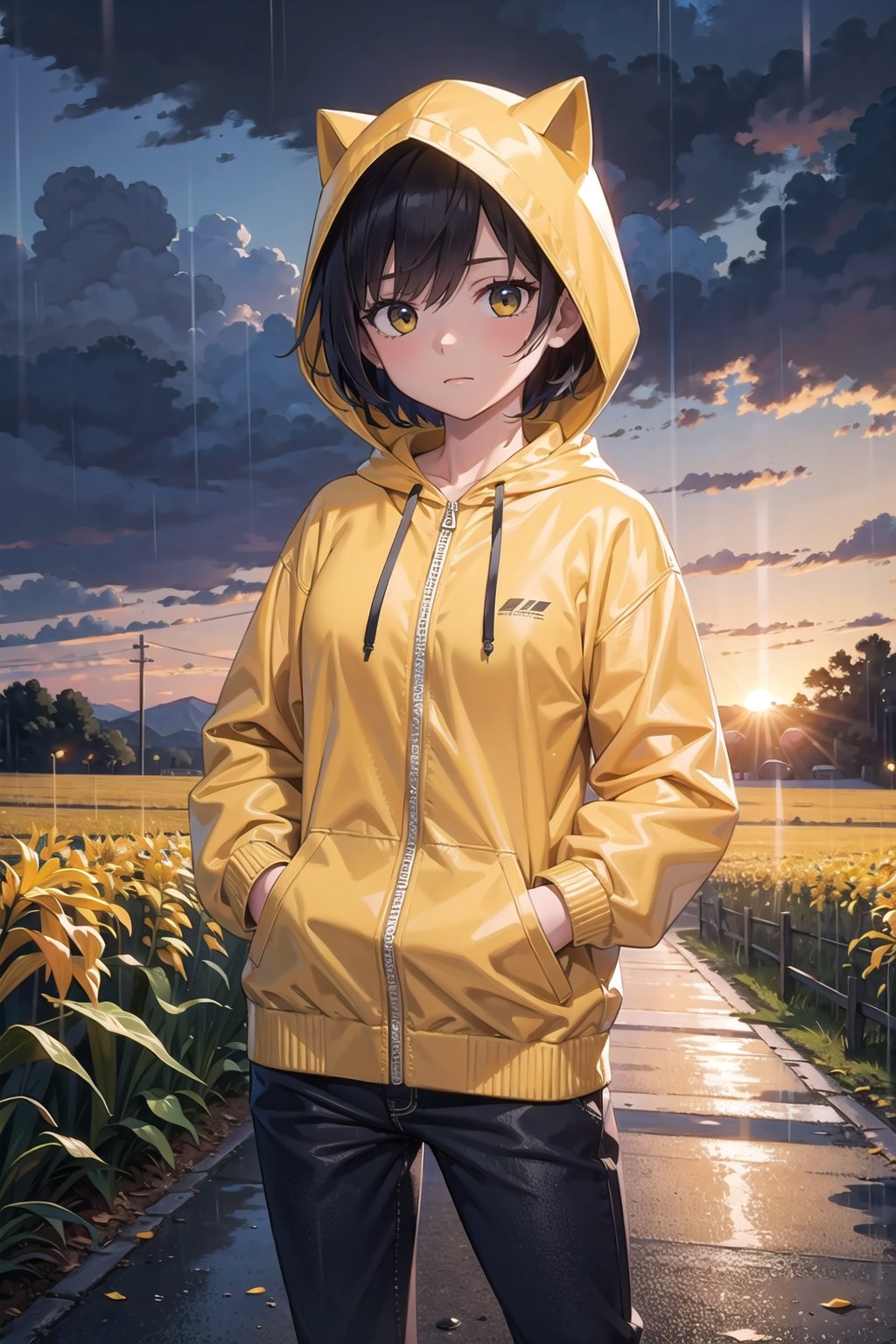 (masterpiece), 1girl, hands in pockets, up close, yellow rain hoodie jacket, hood up, dark pants, (rain), short hair, yellow hood, road, sunset, barn, corn field,