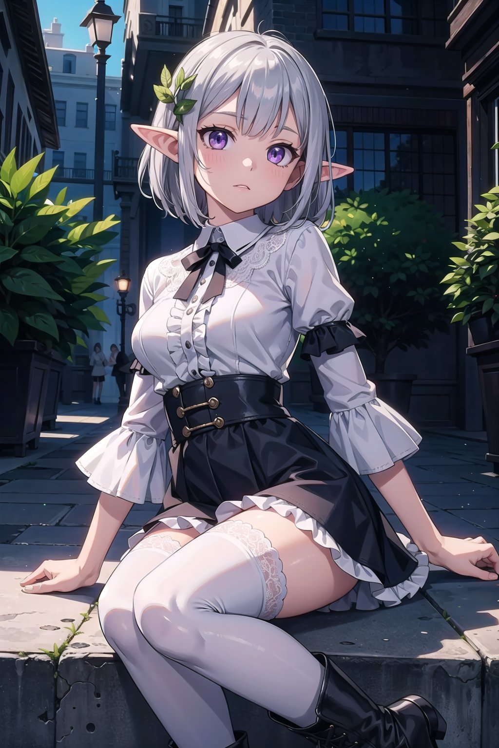 (masterpiece), best quality, high resolution, extremely detailed, detailed background, cinematic lighting, outdoor, 1girl, elf, medium hair, silver hair, crossed bangs, purple eyes, medium breasts, white shirt, black dress, drastic hair ornaments, skirt, frills, lace rims, frilled sleeves, frilled skirt, thighhigh, ankle boots,