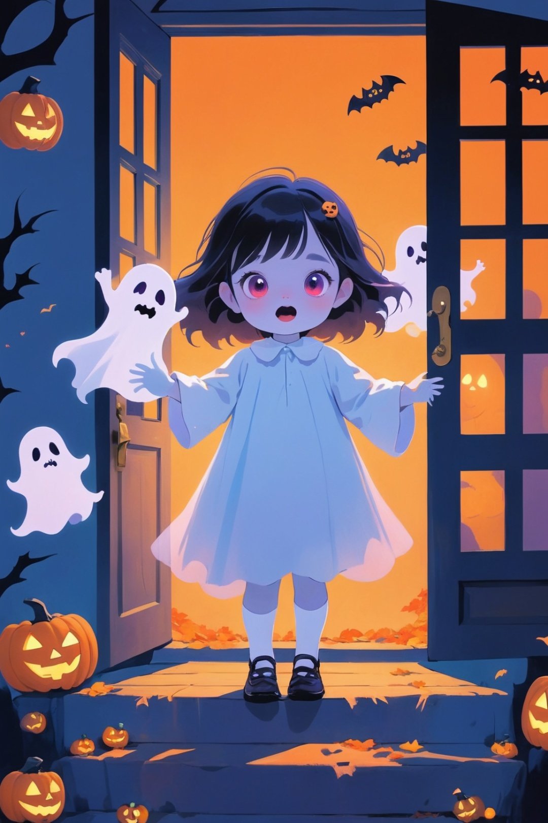  1 girl, Halloween, a beautiful and lovely little girl,knocking on door, cute little ghosts,vivid colors, halloween style,minimalism