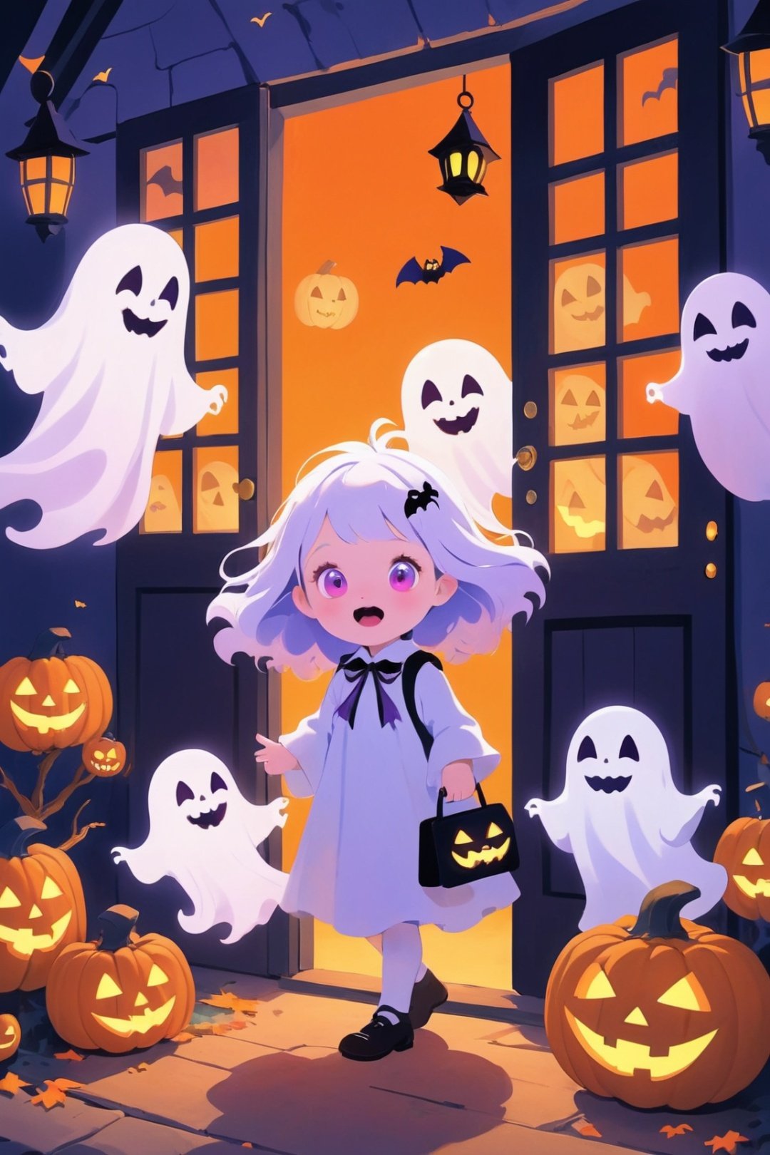  1 girl, Halloween, a beautiful and lovely little girl,knocking on door, cute little ghosts,vivid colors, halloween style,minimalism