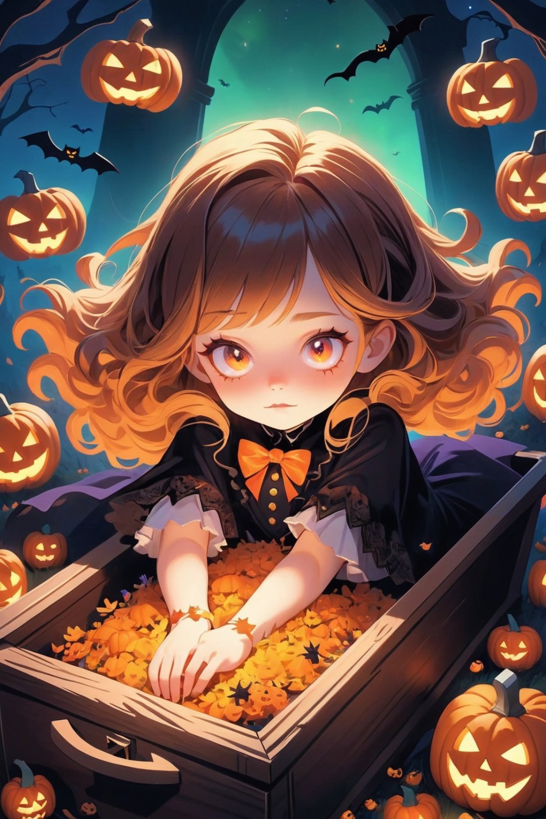  1 girl, Halloween, a beautiful and lovely little girl,lying in a coffin,vivid colors, halloween style,minimalism,bright,glowing

(((masterpiece))), ((extremely detailed CG unity 8k wallpaper)), best quality, high resolution illustration, Amazing, highres, intricate detail, (best illumination, best shadow, an extremely delicate and beautiful),
