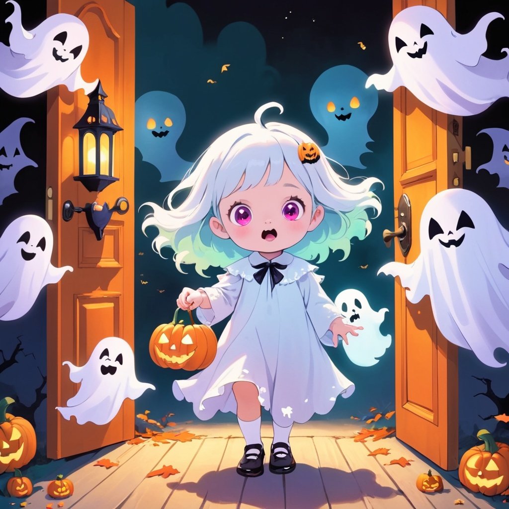  1 girl, Halloween, a beautiful and lovely little girl,knocking on door, cute little ghosts,vivid colors, halloween style