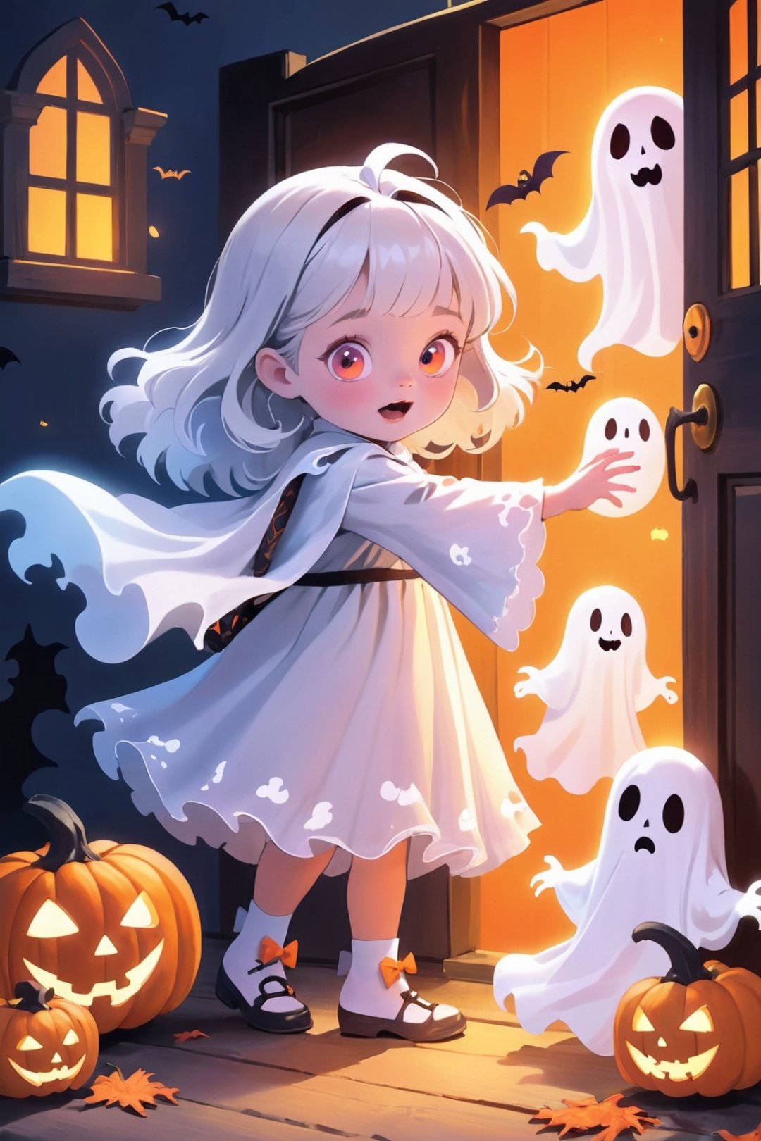  1 girl, Halloween, a beautiful and lovely little girl,knocking on door, cute little ghosts,vivid colors, halloween style