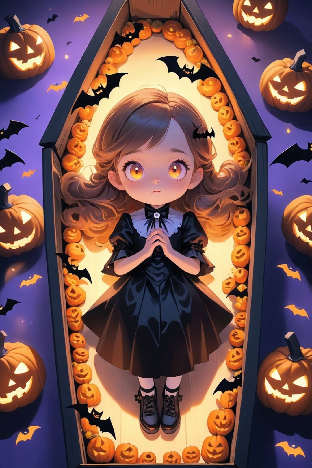  1 girl, Halloween, a beautiful and lovely little girl,lying in a coffin,vivid colors, halloween style,minimalism

(((masterpiece))), ((extremely detailed CG unity 8k wallpaper)), best quality, high resolution illustration, Amazing, highres, intricate detail, (best illumination, best shadow, an extremely delicate and beautiful),
