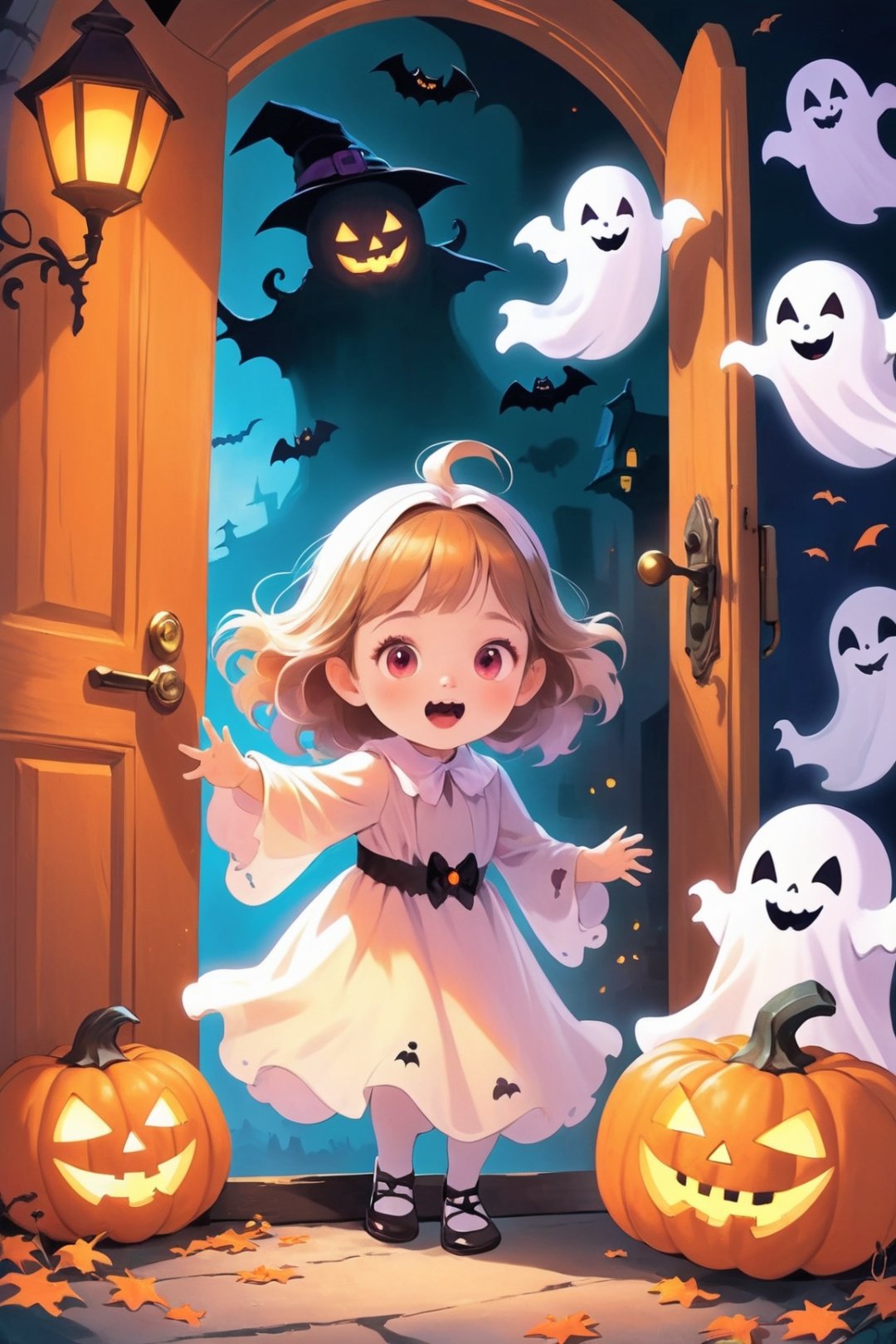  1 girl, Halloween, a beautiful and lovely little girl,knocking on door, cute little ghosts,vivid colors, halloween style