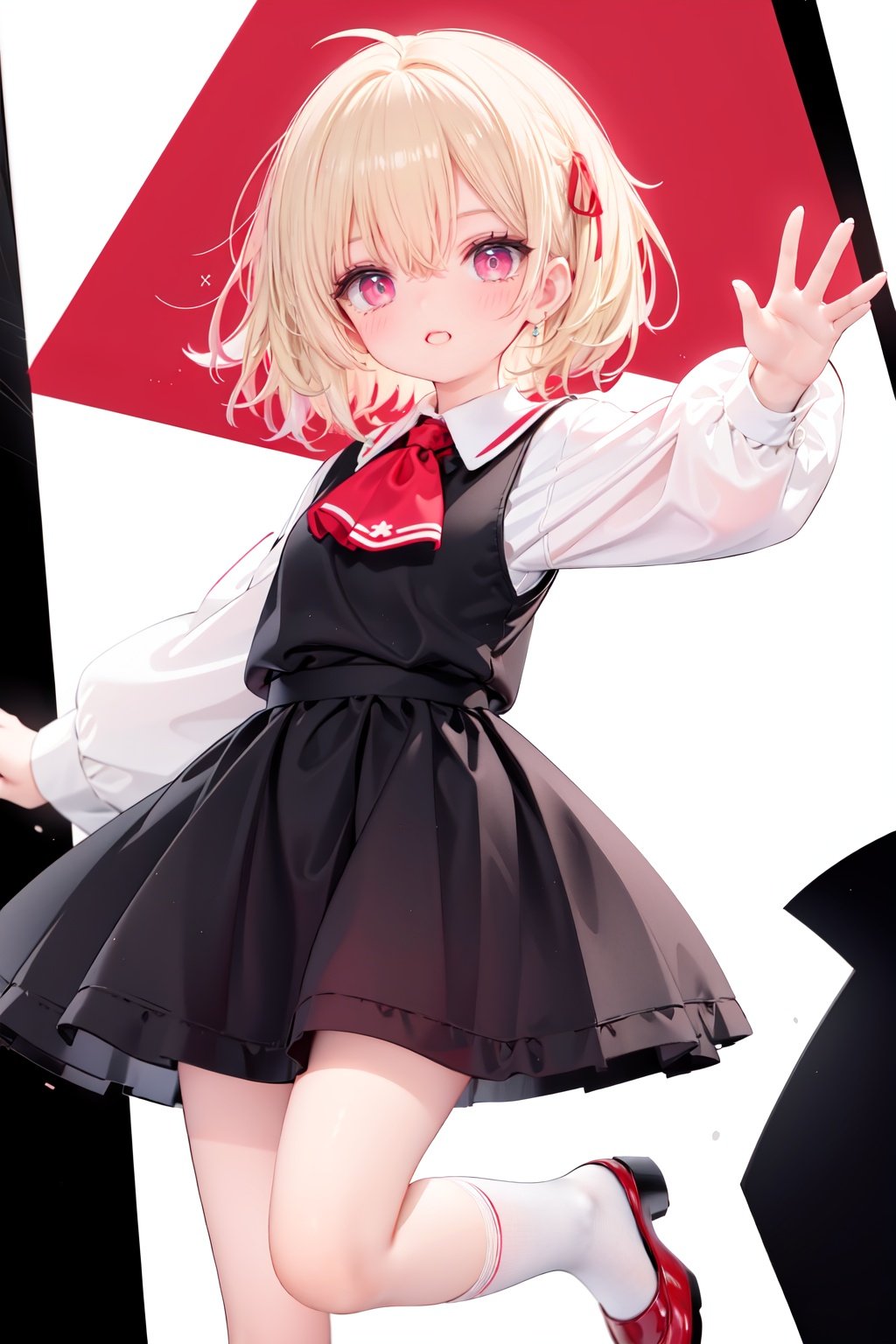  1girl, rumia, blonde hair, solo, white background, red eyes, red footwear, simple background, ascot, short hair, ribbon, open mouth, hair ribbon, smile, long sleeves, shirt, looking at viewer, red ascot, white socks, white shirt, red ribbon, shoes, socks, frills, bangs, outstretched arms, hair between eyes, skirt, :d, dress, vest, mary janes, black dress, black skirt, collared shirt, black vest, blush