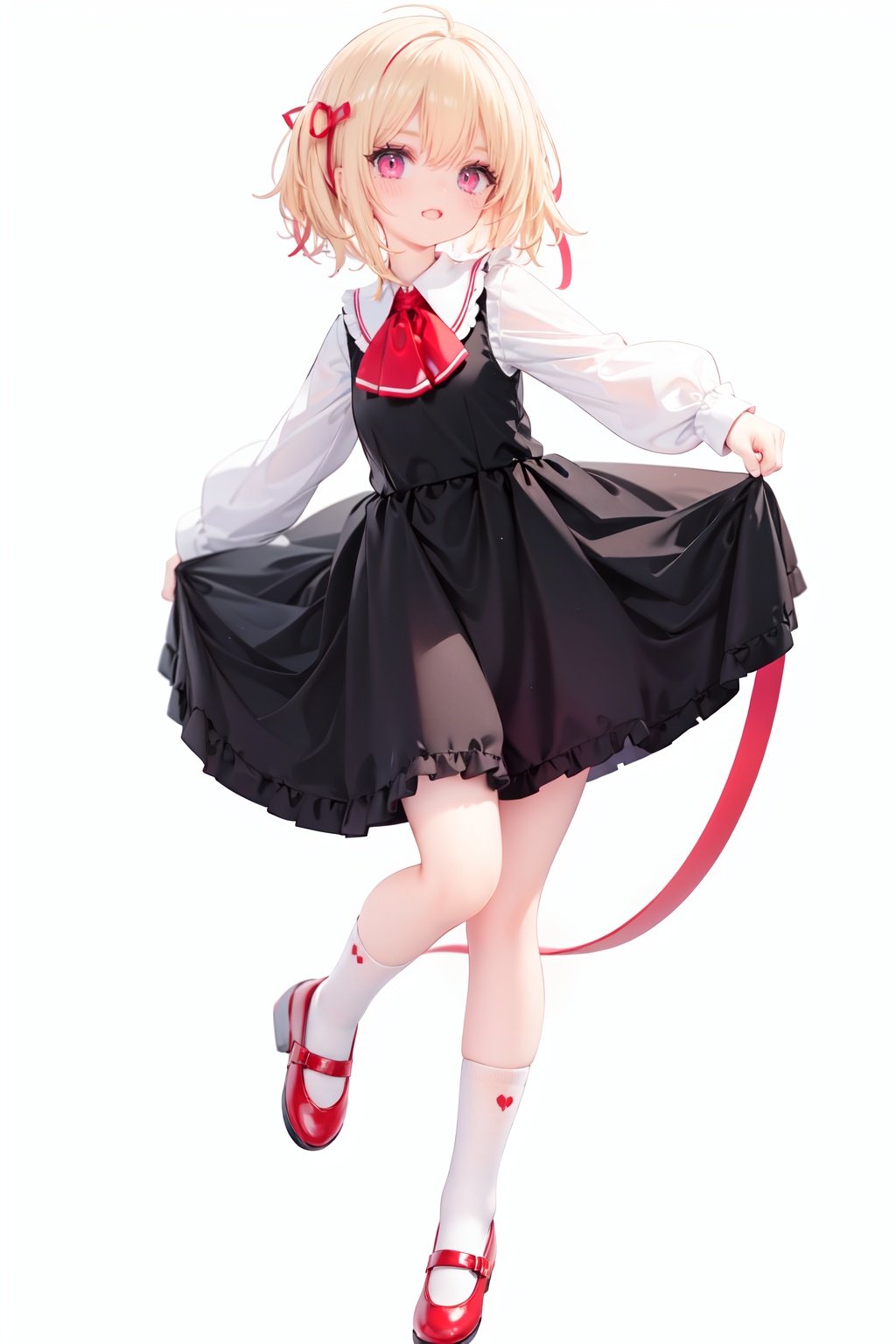  1girl, rumia, blonde hair, solo, white background, red eyes, red footwear, simple background, ascot, short hair, ribbon, open mouth, hair ribbon, smile, long sleeves, shirt, looking at viewer, red ascot, white socks, white shirt, red ribbon, shoes, socks, frills, bangs, outstretched arms, hair between eyes, skirt, :d, dress, vest, mary janes, black dress, black skirt, collared shirt, black vest, blush