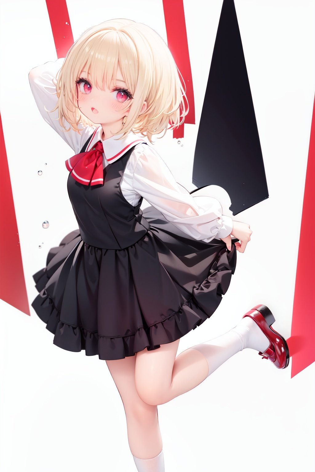  1girl, rumia, blonde hair, solo, white background, red eyes, red footwear, simple background, ascot, short hair, ribbon, open mouth, hair ribbon, smile, long sleeves, shirt, looking at viewer, red ascot, white socks, white shirt, red ribbon, shoes, socks, frills, bangs, outstretched arms, hair between eyes, skirt, :d, dress, vest, mary janes, black dress, black skirt, collared shirt, black vest, blush