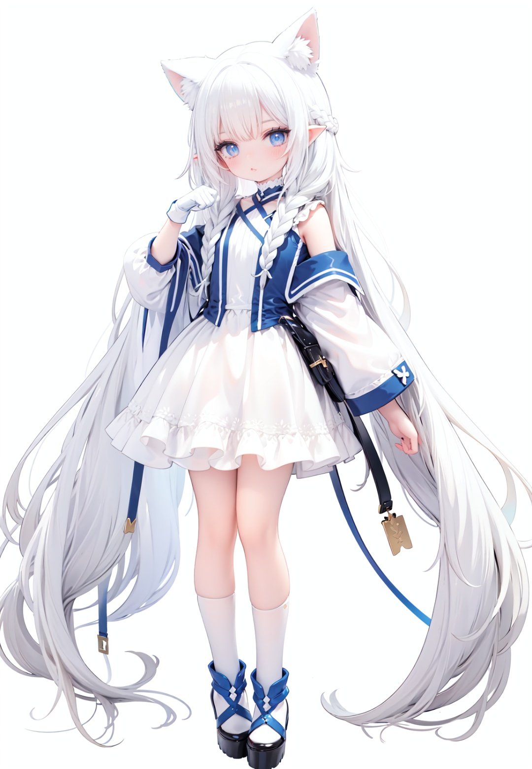  1girl, white_gloves, braid, full_body, gloves, long_hair, official_alternate_costume, pointy_ears, simple_background, solo, standing, very_long_hair, white_background, white hair, blue eyes, paw claw pose, open_mouth