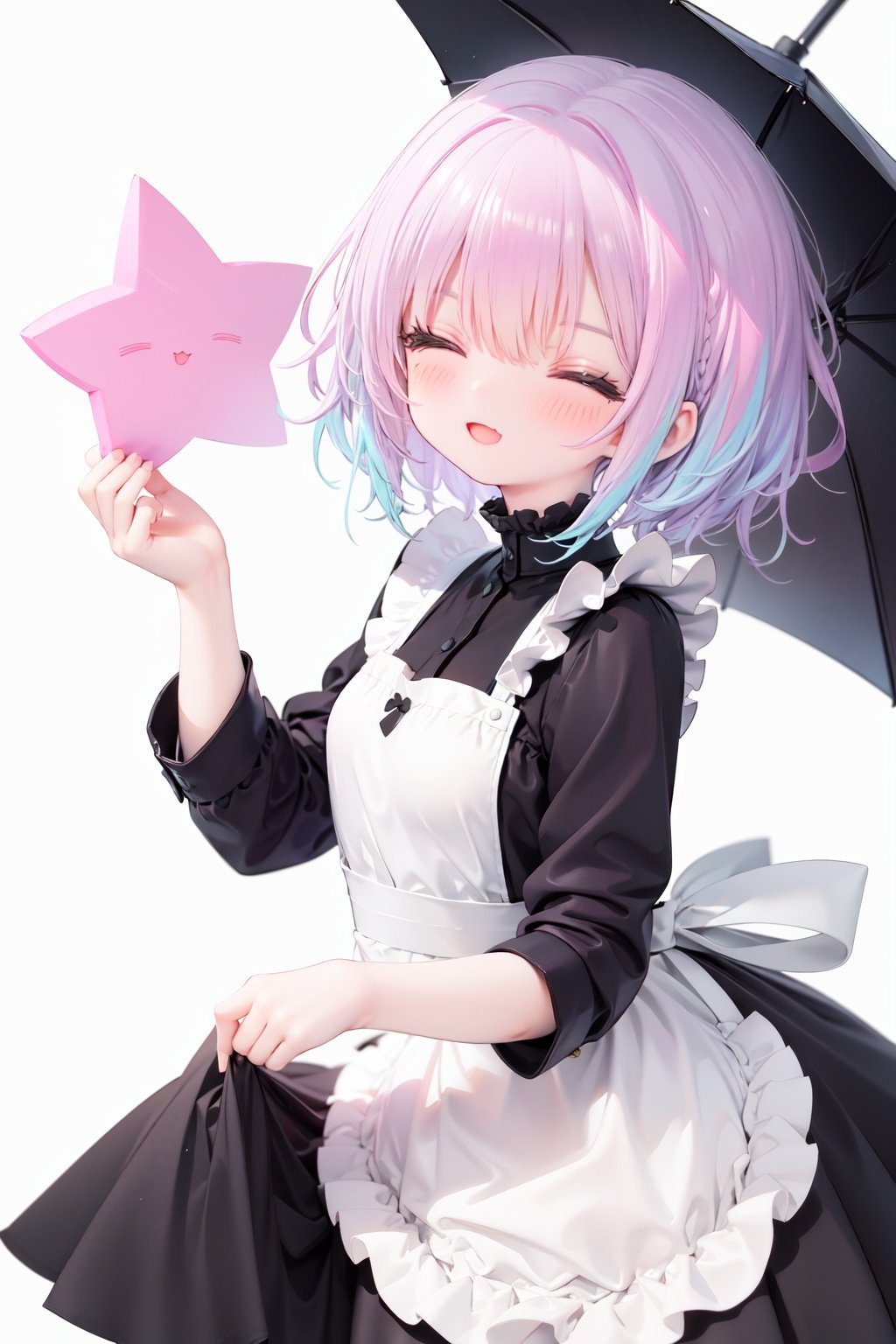  1girl, solo, apron, halo, hair over one eye, closed eyes, smile, white background, dress, white apron, simple background, long sleeves, multicolored hair, braid, open mouth, blue hair, alternate costume, blush, bangs, :d, pink hair, black dress, ribbon, frilled dress, enmaided, short hair, hand up, colored inner hair