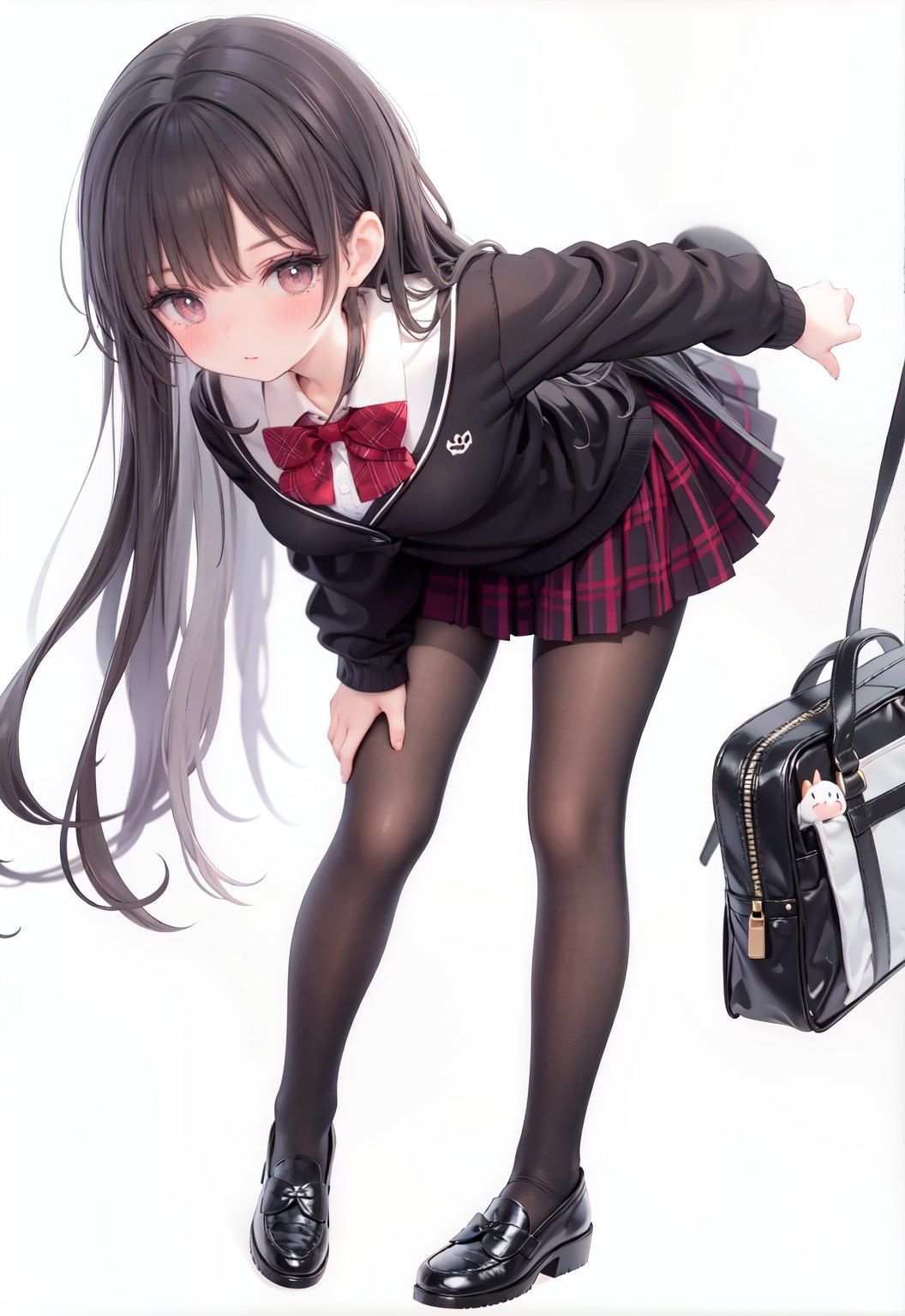  1girl, solo, pantyhose, skirt, long hair, loafers, shoes, simple background, school uniform, brown eyes, plaid, black pantyhose, plaid skirt, looking at viewer, black hair, pantyhose pull, full body, clothes pull, black footwear, pleated skirt, leaning forward, bangs, long sleeves, bent over, cardigan, bow, bowtie, standing, closed mouth, pulled by self, grey background, blush, miniskirt, red bow, sweater, undressing