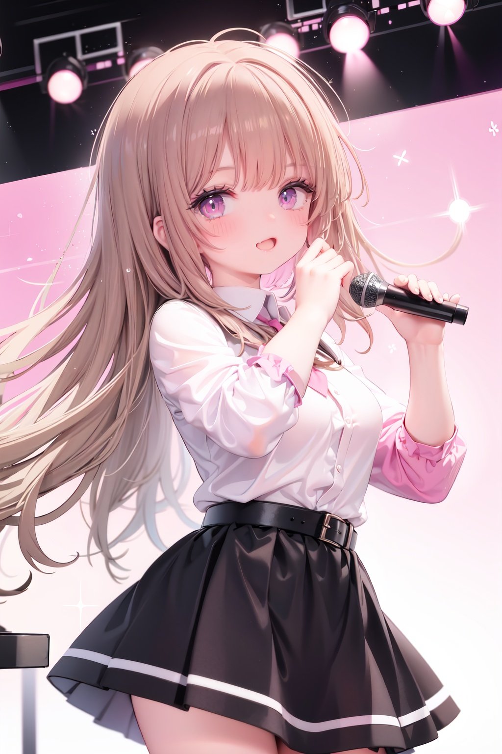  1girl, solo, microphone, smile, skirt, blush, brown eyes, long hair, open mouth, looking at viewer, brown hair, long sleeves, :d, shirt, bangs, belt, breasts, pink shirt, outstretched arm, music, black belt, medium breasts, holding microphone, singing