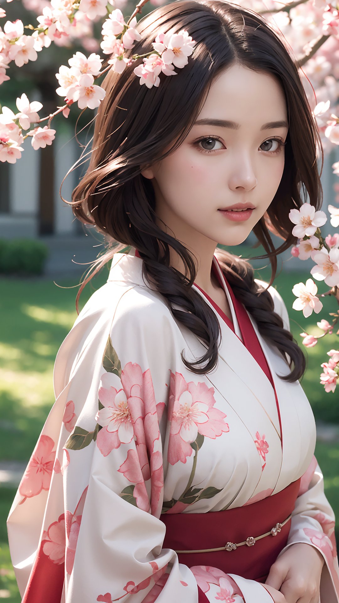 (best quality,masterpiece:1.2),ultra detailed,(photo realistic:1.4),solo,cute girl,kimono,full body,cherry_blossom_background