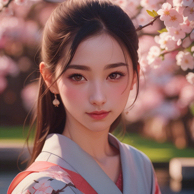 (best quality,masterpiece:1.2),ultra detailed,(photo realistic:1.4),solo,cute girl,kimono,japanese garden,cherry_blossom_background