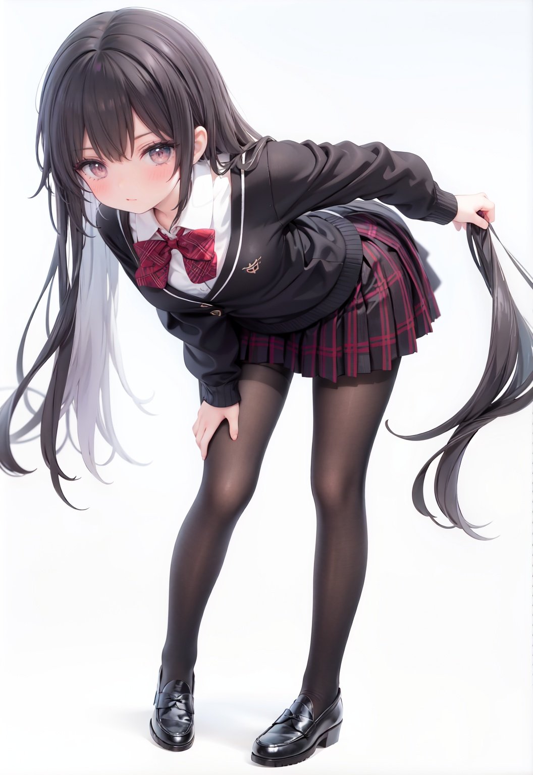  1girl, solo, pantyhose, skirt, long hair, loafers, shoes, simple background, school uniform, brown eyes, plaid, black pantyhose, plaid skirt, looking at viewer, black hair, pantyhose pull, full body, clothes pull, black footwear, pleated skirt, leaning forward, bangs, long sleeves, bent over, cardigan, bow, bowtie, standing, closed mouth, pulled by self, grey background, blush, miniskirt, red bow, sweater, undressing