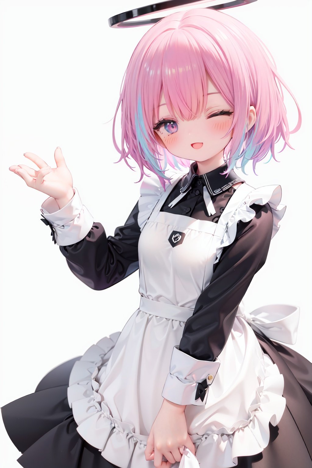  1girl, solo, apron, halo, hair over one eye, closed eyes, smile, white background, dress, white apron, simple background, long sleeves, multicolored hair, braid, open mouth, blue hair, alternate costume, blush, bangs, :d, pink hair, black dress, ribbon, frilled dress, enmaided, short hair, hand up, colored inner hair