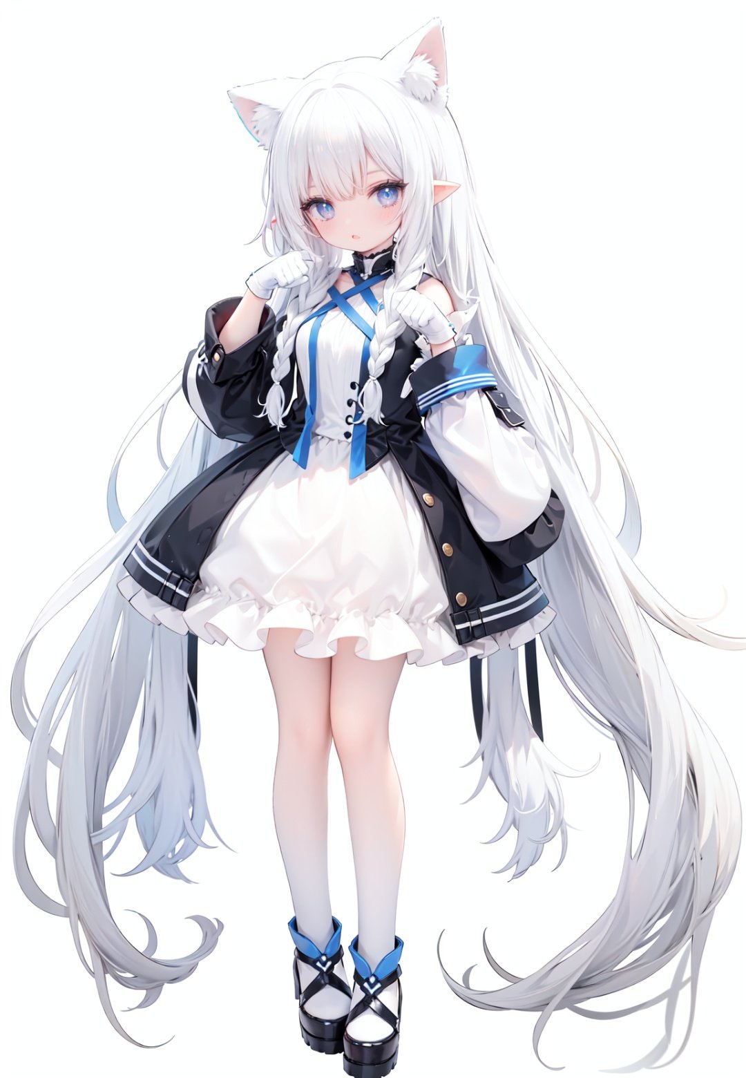  1girl, white_gloves, braid, full_body, gloves, long_hair, official_alternate_costume, pointy_ears, simple_background, solo, standing, very_long_hair, white_background, white hair, blue eyes, paw claw pose, open_mouth