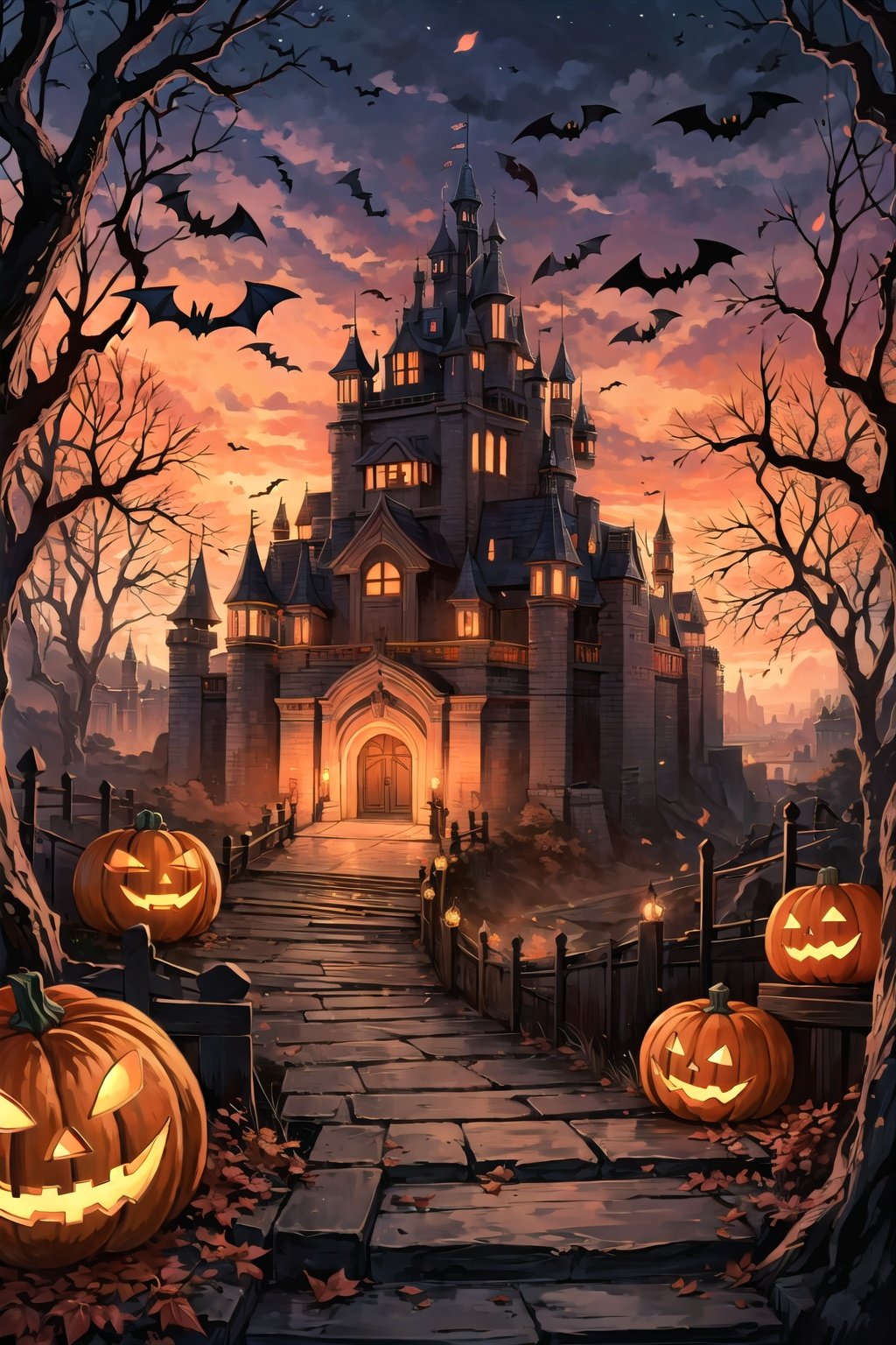  evening,candle,embers,halloween,pumpkin,bat,castle,Pumpkin lanterns hanging from trees