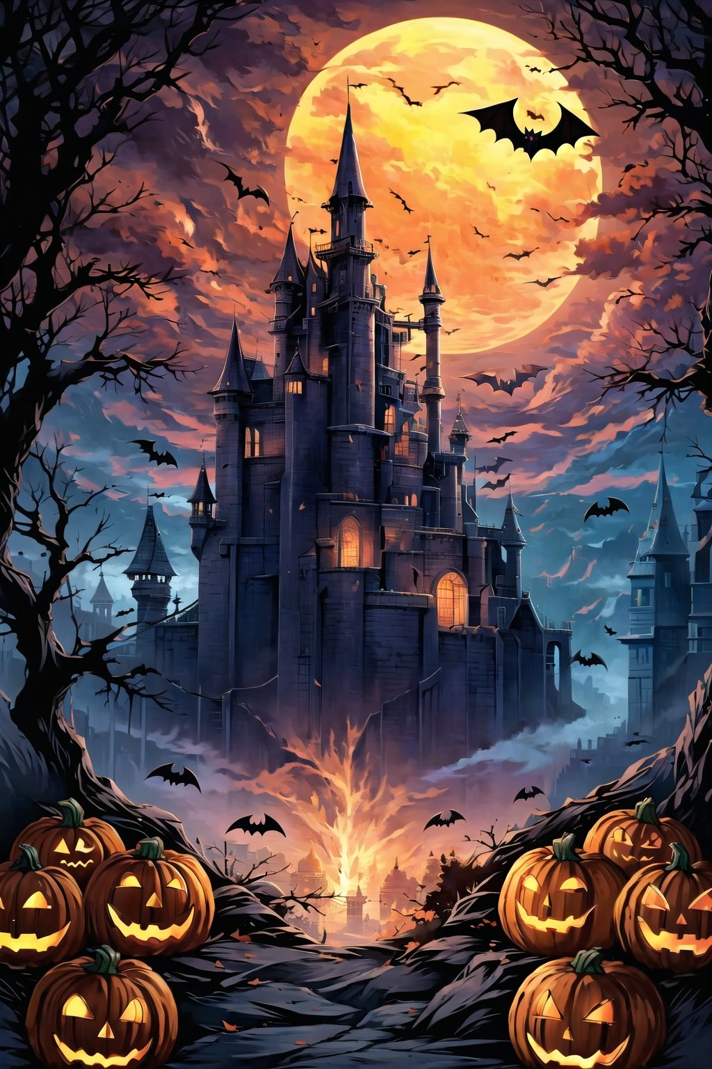 evening,candle,embers,halloween,pumpkin,bat,castle,Pumpkin lanterns hanging from trees
