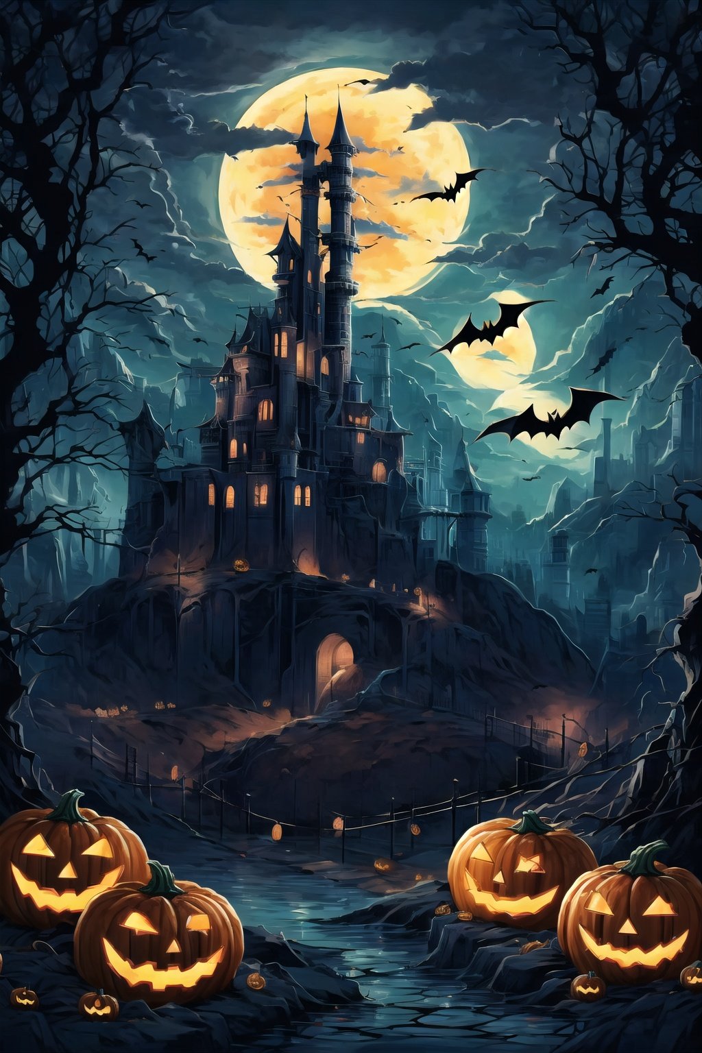 evening,candle,embers,halloween,pumpkin,bat,castle,Pumpkin lanterns hanging from trees