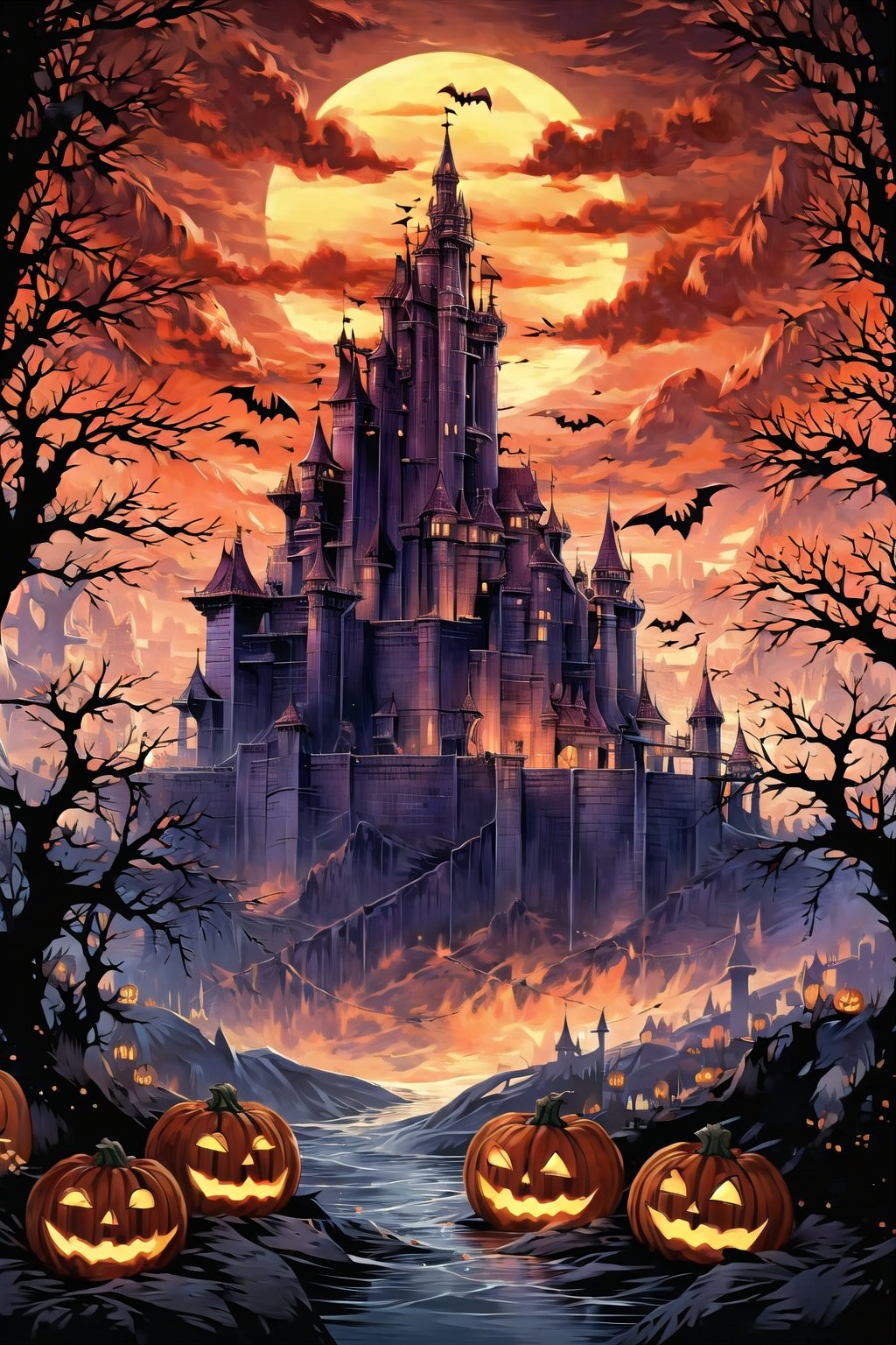  evening,candle,embers,halloween,pumpkin,bat,castle,Pumpkin lanterns hanging from trees