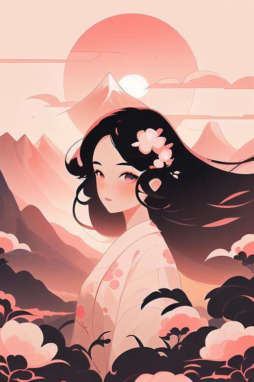 1girl, liuyun, mountain, long hair, floating hair, hair flower, flower, sunset, pink and white, upper body, looking at viewer,  <lora:liuyunV5:0.7>