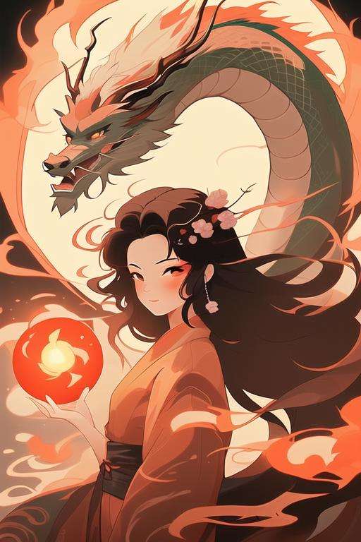 1girl, liuyun, fire ball, long hair, floating hair, hair flower, eastern dragon, red and white, upper body, looking at viewer,  <lora:liuyunV5:0.7>