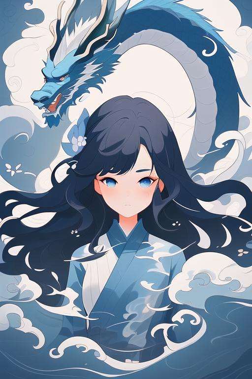 1girl, liuyun, waves, long hair, floating hair, hair flower, eastern dragon, blue and white, upper body, looking at viewer,  <lora:liuyunV5:0.7>