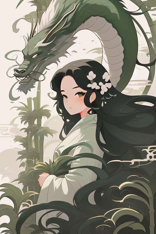 1girl, liuyun, bamboo, plant, long hair, floating hair, hair flower, green and white, eastern dragon, upper body, looking at viewer,  <lora:liuyunV5:0.7>