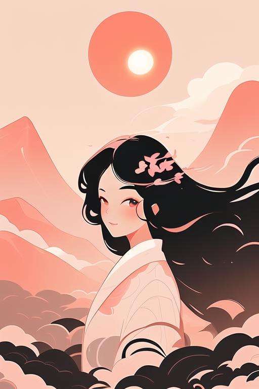 1girl, liuyun, mountain, long hair, floating hair, hair flower, sun, pink and white, upper body, looking at viewer,  <lora:liuyunV5:0.7>