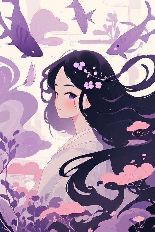 1girl, liuyun, forest, long hair, floating hair, hair flower, flower, fish, purple and white, upper body, looking at viewer,  <lora:liuyunV5:0.7>