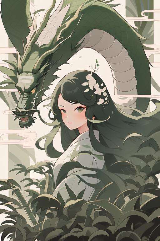 1girl, liuyun, bamboo, plant, long hair, floating hair, hair flower, green and white, eastern dragon, upper body, looking at viewer,  <lora:liuyunV5:0.7>